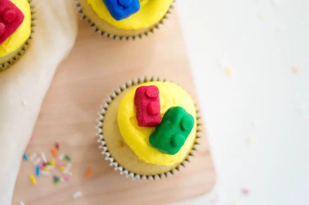 Candy LEGO brick topping on cupcakes